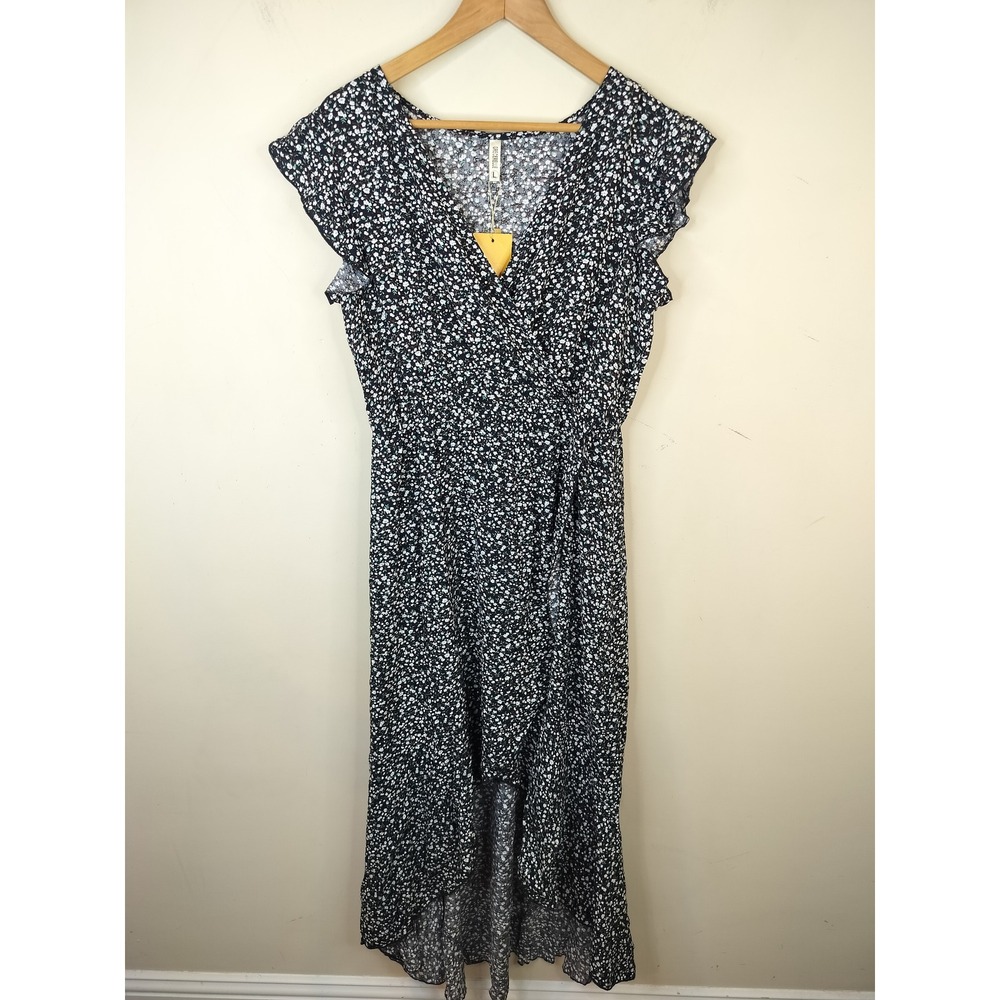 Grecerelle Wrap Maxi Dress Womens Large Ruffled Floral Boho Black